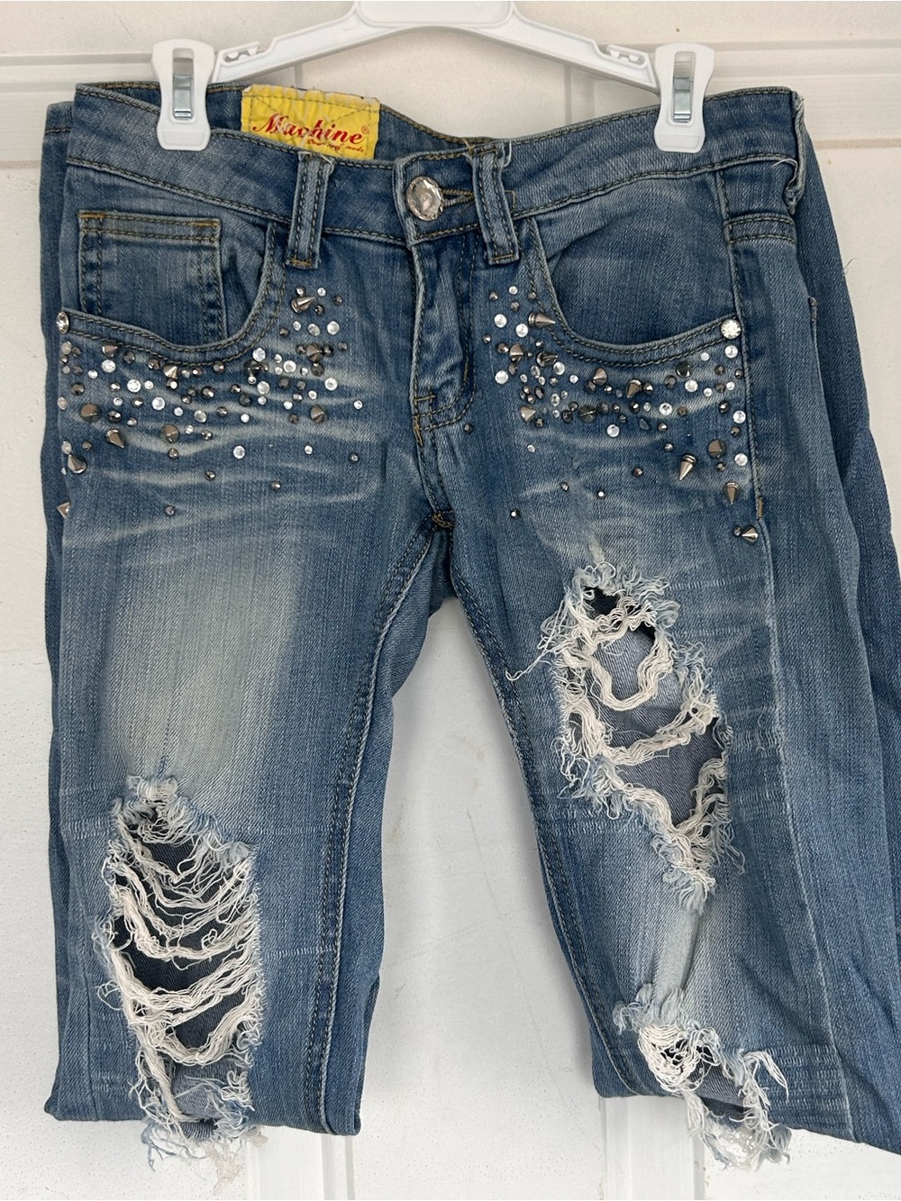 Machine Jeans Nouvelle Mode Distressed Rhinestone Studded Skinny Jeans Size 25